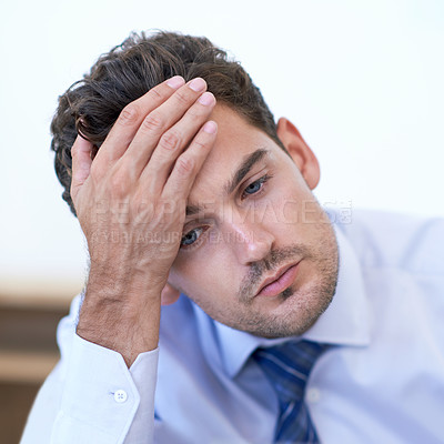 Buy stock photo Headache, stress and business man with burnout, tired or anxiety for financial crisis in office. Frustrated, depression and serious professional with fatigue, thinking or fail with regret for mistake