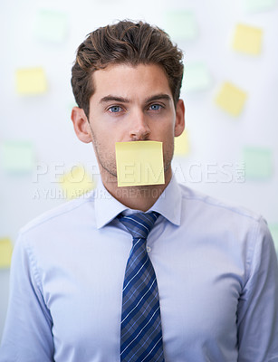 Buy stock photo Businessman, portrait and sticky note on mouth or corporate schedule or to do list, project planning or censored. Male person, paper and face or reminder for professional, brainstorming or deadline