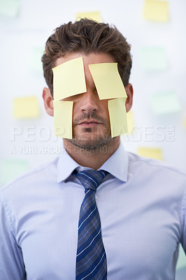 Buy stock photo Man, sticky note and face for business schedule as work reminder or list for meeting, deadline or brainstorming. Male person, employee and paper or New York corporate for memo, anxiety or burnout