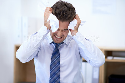 Buy stock photo Businessman, head and debt with crumpled paper, burnout and mistake for frustration, stressed and headache. Angry employee, worker and report for bills, worried and failure with audit or deadline