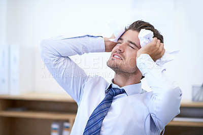 Buy stock photo Businessman, head and angry with crumpled paper, mistake and burnout for frustration, debt and headache. Stressed employee, worker and report for bills, worried and failure with audit or deadline