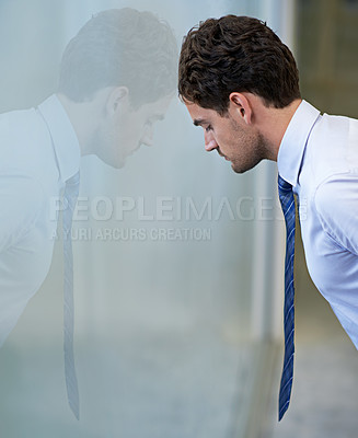 Buy stock photo Man, business and leaning on glass wall or tired for financial deal for company overtime, mistake or frustrated. Male person, unhappy and career error in New York building, burnout or overwhelmed