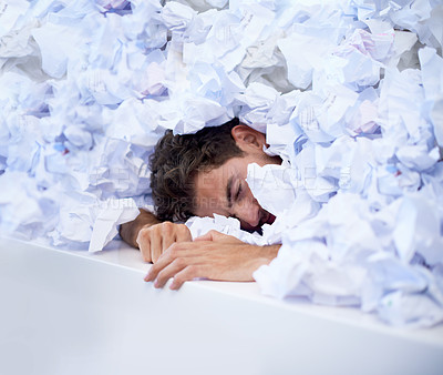 Buy stock photo Man, desk and sleep with pile of documents, crisis and tired with burnout, stress and administration. Fatigue, audit and person lost in paperwork, overworked and overwhelmed with pressure in office.