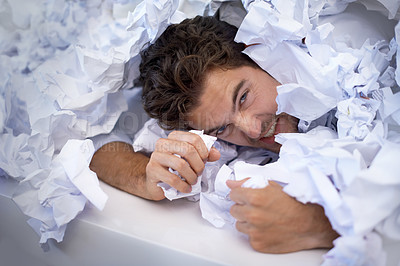 Buy stock photo Portrait, frustrated and man with pile of paperwork, crisis and tired with burnout, stress and anger. Fatigue, audit and person in documents, overworked and overwhelmed with pressure in office.