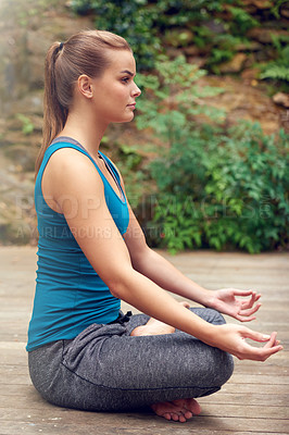 Buy stock photo Yoga, meditate and profile of woman with lotus pose for peace, calm or mindfulness to relax outdoor. Yogi, spiritual exercise and girl breathing for zen, body health and fitness for holistic wellness