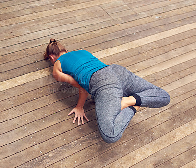 Buy stock photo Yoga, exercise and handstand with woman, balance and outdoor on home patio by pool. Fitness, zen and chakra with girl, garden deck and health workout for holistic summer wellness and meditation