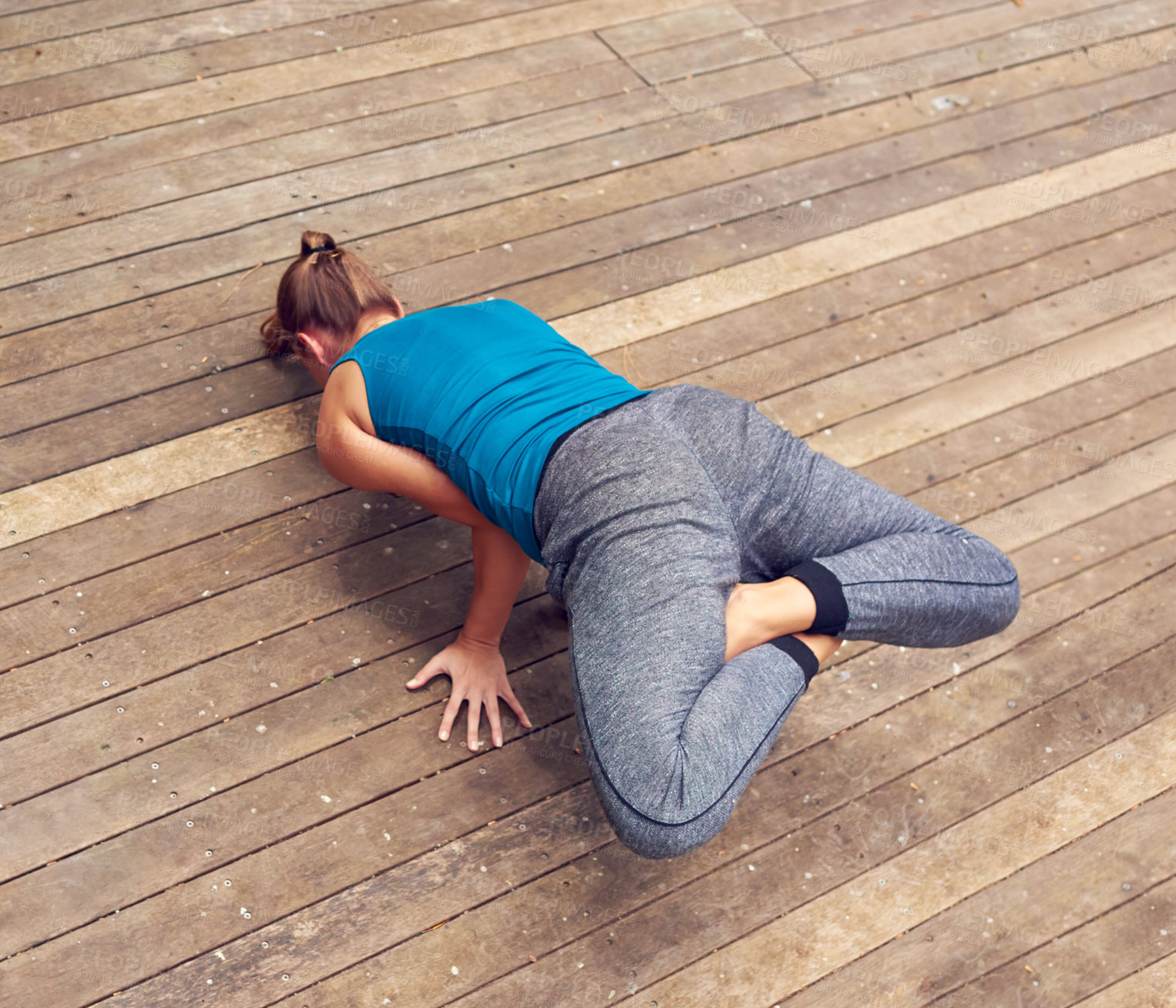 Buy stock photo Yoga, exercise and handstand with woman, balance and outdoor on home patio by pool. Fitness, zen and chakra with girl, garden deck and health workout for holistic summer wellness and meditation