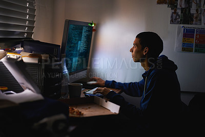 Buy stock photo Night, gamer and man with computer, typing and rpg player with esports and programmer with nerd and geek. Person, home and guy with pc and online competition with dark room and internet with network