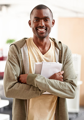 Buy stock photo Black man, business worker and portrait in creative agency with writer notes and paperwork at company. Confidence, happy and African male professional ready for working with a smile with arms crossed
