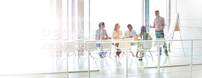 Buy stock photo Data review, colleagues and chart in a business meeting of their modern workstation with a lens flare. Teamwork or collaboration, planning or brainstorming and people working together in a boardroom