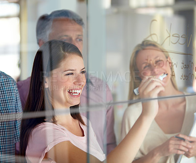 Buy stock photo People in brainstorming meeting, ideas on glass for creative business project at digital marketing startup and teamwork. Woman team leader, excited for collaboration and strategy with market research