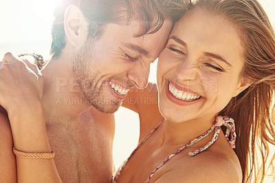 Buy stock photo Couple, laughing and holiday with hug, love and care together in the sun on vacation outdoor. Relax, smile and date by a beach with summer travel with funny joke and happy with romance on a trip
