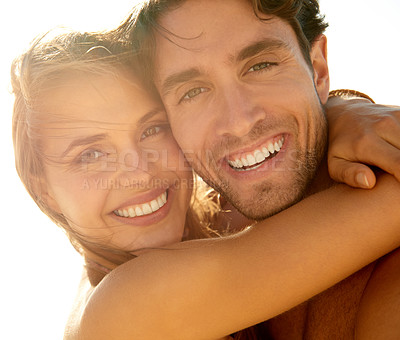 Buy stock photo Woman, man and portrait in summer for embrace or outdoor nature for holiday adventure, vacation or environment. Happy couple, face and smile in sunshine for travel explore or peace, bonding or hug