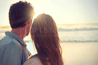Buy stock photo Travel, love and back of couple at beach on vacation, adventure or holiday for valentines day. Outdoor, summer and man and woman watching ocean for tropical weekend trip on romantic anniversary date.