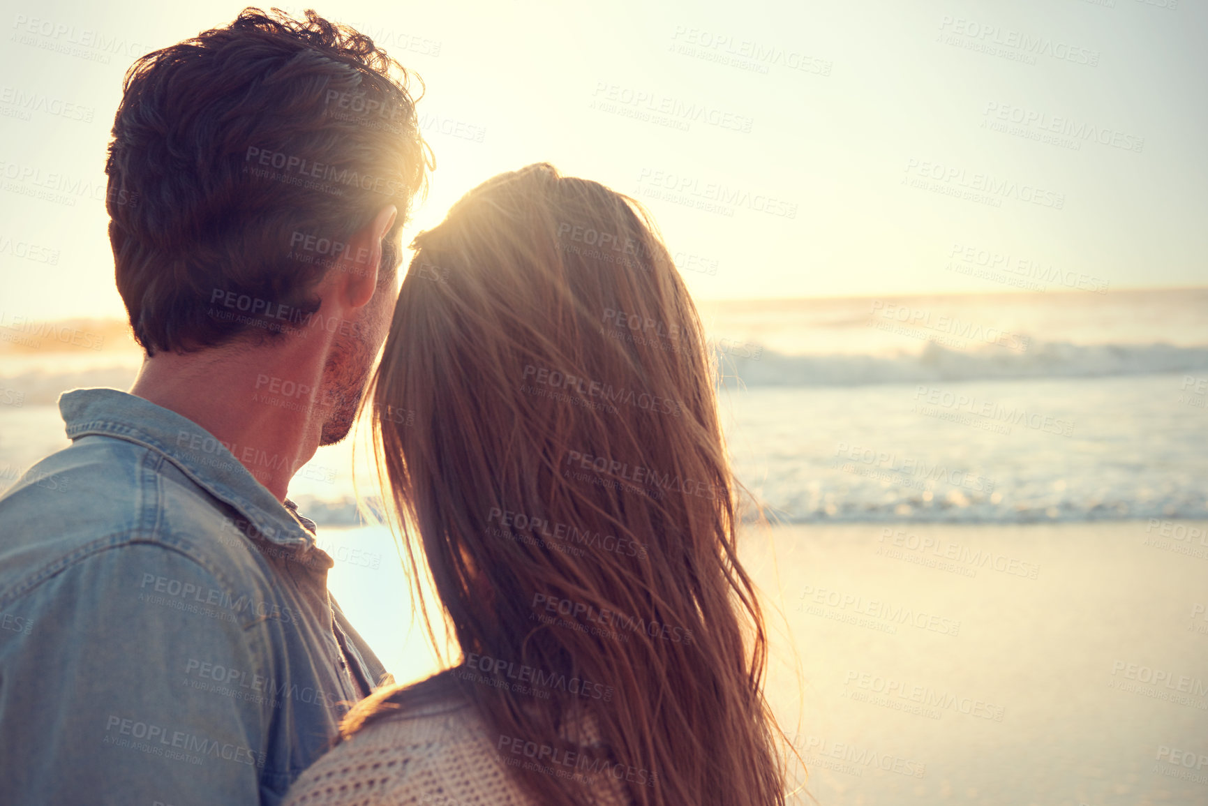 Buy stock photo Travel, love and back of couple at beach on vacation, adventure or holiday for valentines day. Outdoor, summer and man and woman watching ocean for tropical weekend trip on romantic anniversary date.