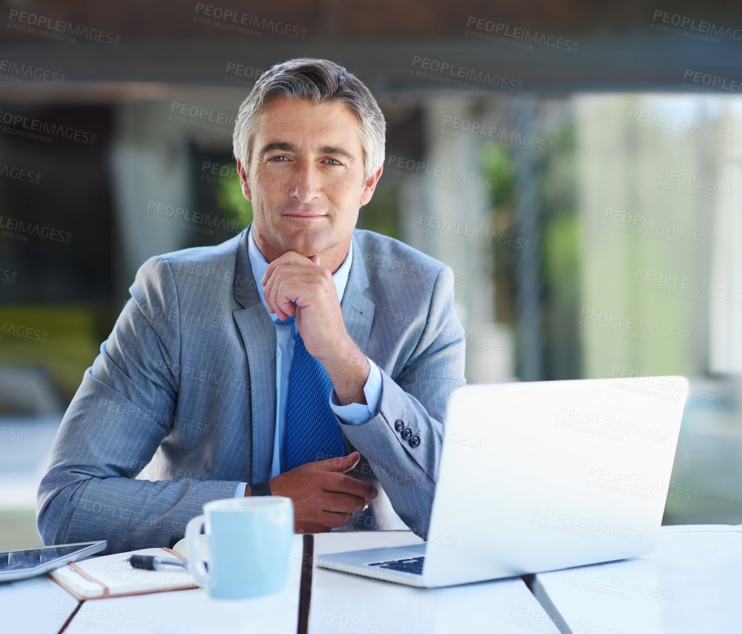 Buy stock photo Thinking, office and portrait of business man with ideas, solution and insight for finance company. Corporate, professional and person with laptop for problem solving, brainstorming and planning