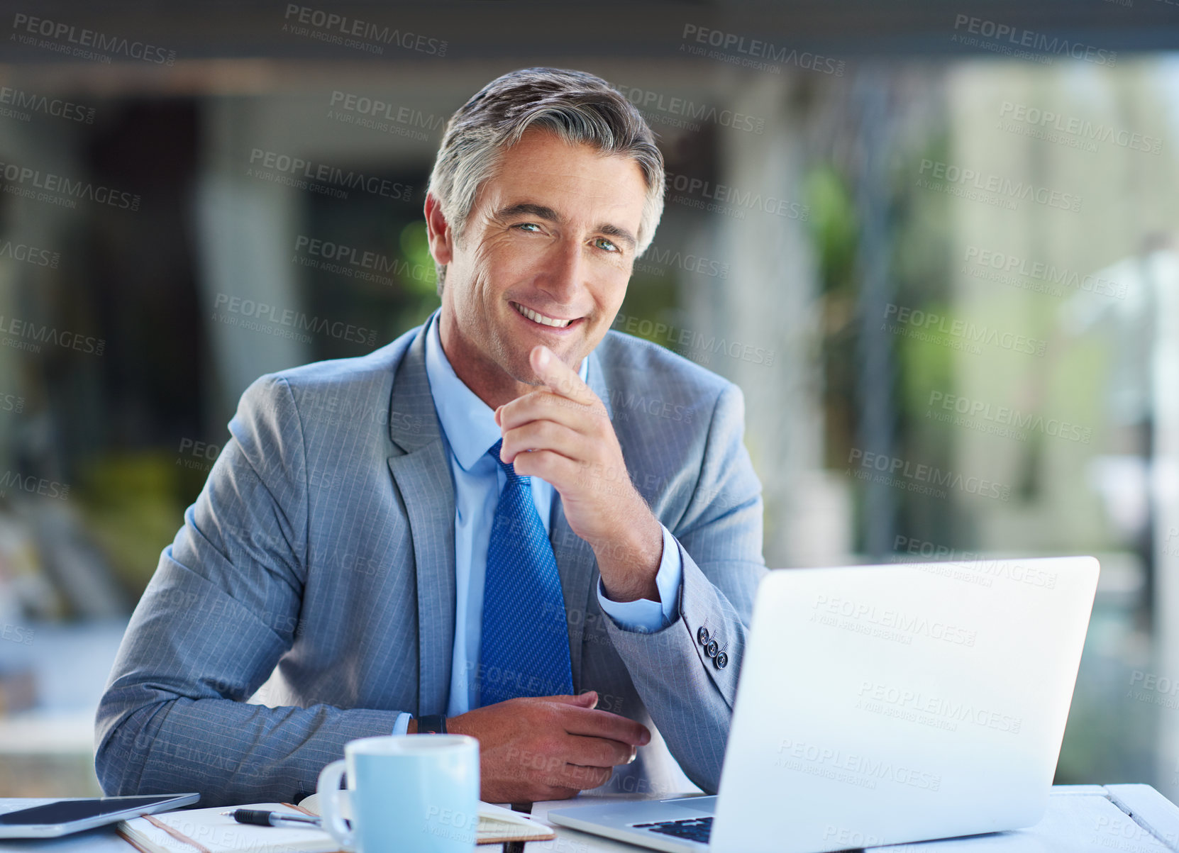 Buy stock photo Business, man and happy on laptop with pointing on portrait for research on project in Germany. Mature person, male employee and smile with pride in confidence on internet for stock market value