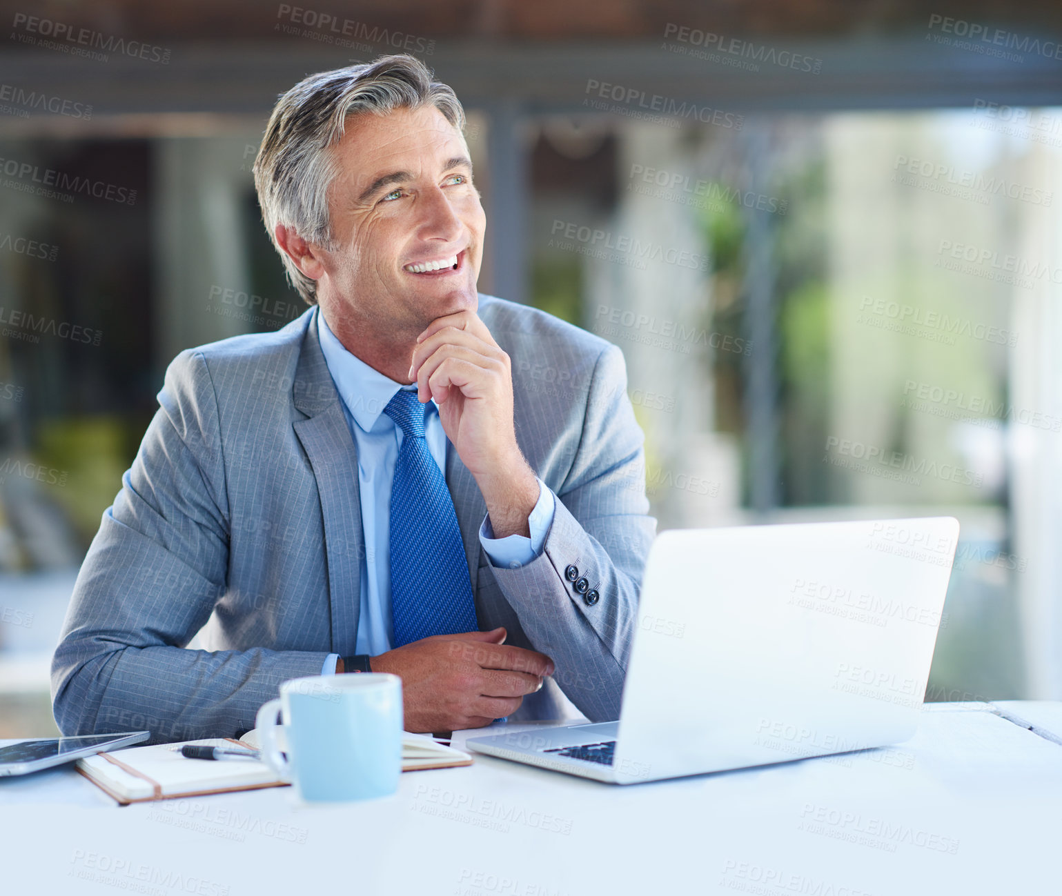 Buy stock photo Thinking, office and mature businessman with laptop for ideas, solution and insight for finance company. Corporate, professional and person on computer for problem solving, brainstorming and planning