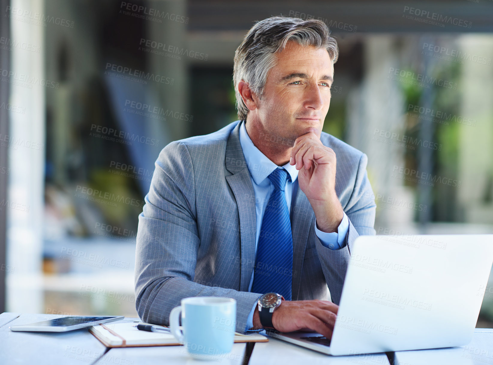 Buy stock photo Corporate, man and home with thinking on laptop for research on project, proposal and ideas in Germany. Mature person, employee and vision with diary in thoughts on internet for stock market value