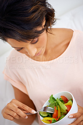 Buy stock photo Food, health and young woman with a salad  at home with vegetables for wellness, organic or diet. Top view, nutrition and female person from Mexico eating healthy meal with produce in living room.