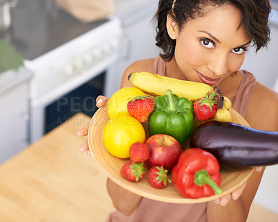 Buy stock photo Portrait, fruit and vegetables with a woman in the kitchen of her home for nutrition, diet or meal preparation. Face, health and recipe ingredients for cooking food with a person in her apartment