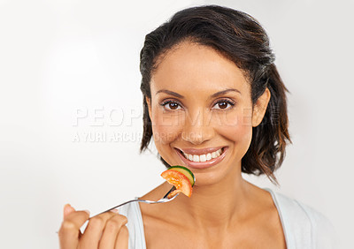 Buy stock photo Happy woman, portrait and smile with vegetables for diet, snack or natural nutrition against a studio background. Face of female person or model with organic food for fiber, vitamins or healthy meal
