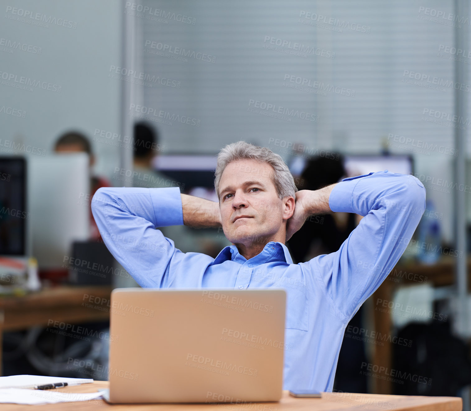 Buy stock photo Mature, businessman and thinking by laptop at desk, planning and professional for technology in agency. HR, manager and idea by computer for connectivity in office, network and relax in workplace