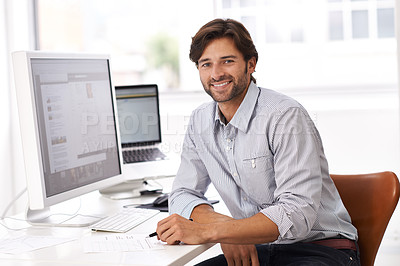 Buy stock photo Business man, portrait and computer web design of a IT professional at an office desk. Success, cyber company and digital website of a happy young employee with pc online at a startup workplace
