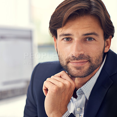 Buy stock photo Portrait, confidence and businessman at tech startup with office, smile and small business online. Professional, design and entrepreneur at desk with pride, consultant or advisor and commitment.