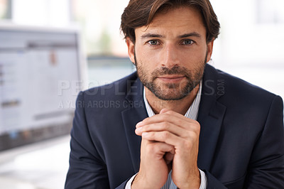 Buy stock photo Portrait, confidence and businessman in office with small business, consultant or agency career. Professional advisor, workplace and entrepreneur at desk with pride, commitment and corporate job.