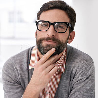 Buy stock photo Thinking, portrait and business man with glasses in office for thoughtful, brainstorming or planning. Why, questions or male entrepreneur with solution, problem solving or curious with how to gesture