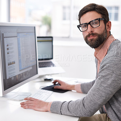 Buy stock photo Business man, serious portrait and computer coding of a IT professional at an office desk. Typing, cyber company and digital website design of an employee with pc technology at a startup workplace