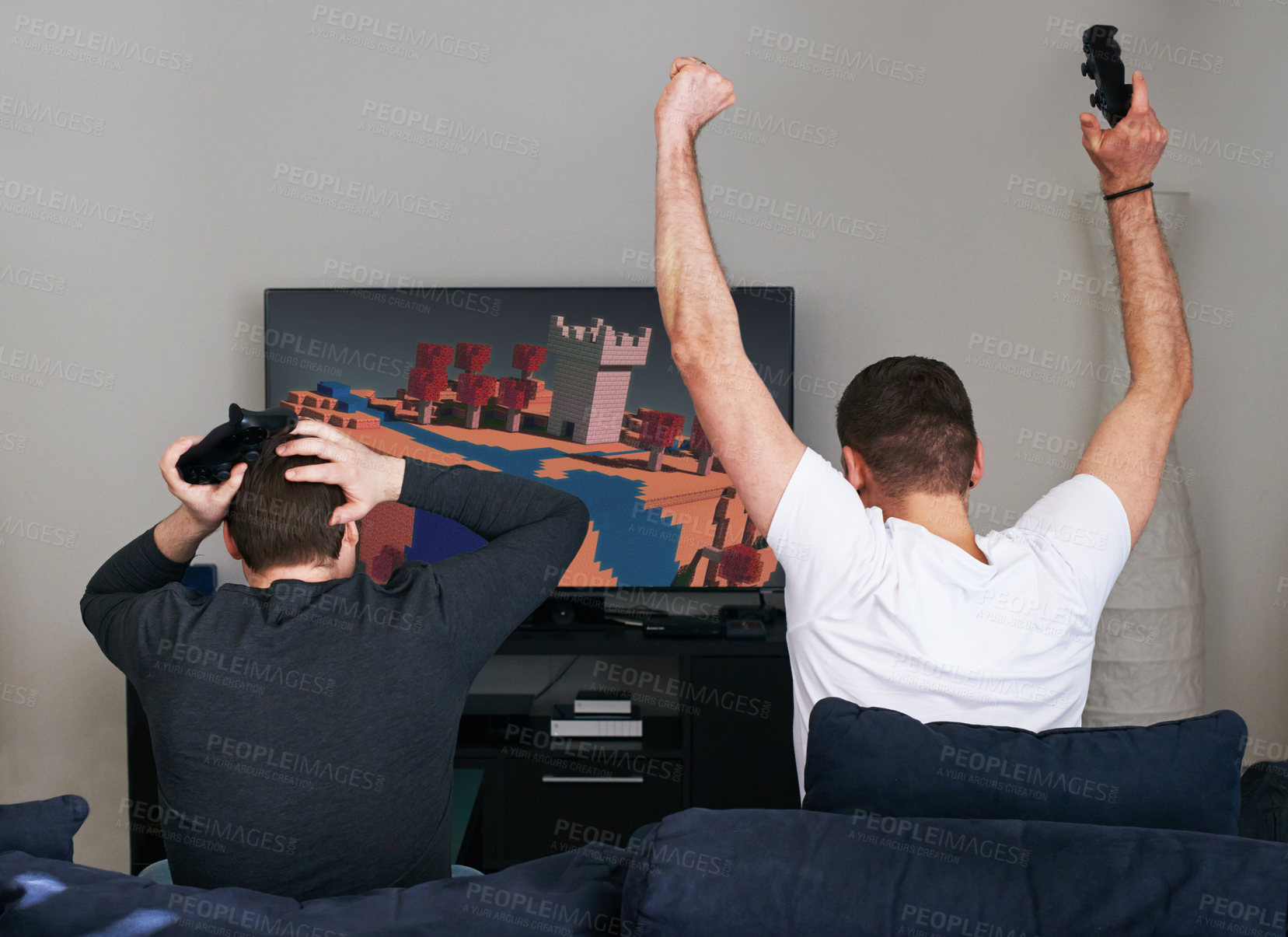 Buy stock photo Video game, men and celebration for online gaming, esports and sofa in home. Technology, win and victory or achievement in living room, back and digital for tv and success on metaverse streaming