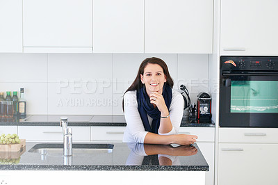 Buy stock photo Woman, kitchen and home chef for food, preparation and portrait with smile. House, cooking and clean for countertop and cuisine for happy female person, relax and calm in house for entertainment area