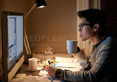 Buy stock photo Young, man and student studying at night on a desk computer in a bedroom. College, male and elearning at apartment with coffee to study with technology and the internet for education at university. 