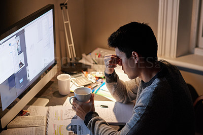 Buy stock photo Man, studying and headache in night by computer for test, assessment or stress in college dorm room. Male university student, tea cup or burnout with anxiety, fatigue or tired with books for learning