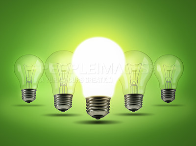 Buy stock photo Light bulb, row and green background for bright, electricity and idea for innovation or inspiration. Energy, lighting or glowing for solution, unique creativity knowledge for power or outstanding 