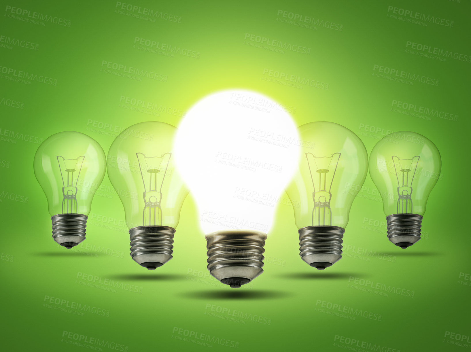 Buy stock photo Light bulb, row and green background for bright, electricity and idea for innovation or inspiration. Energy, lighting or glowing for solution, unique creativity knowledge for power or outstanding 