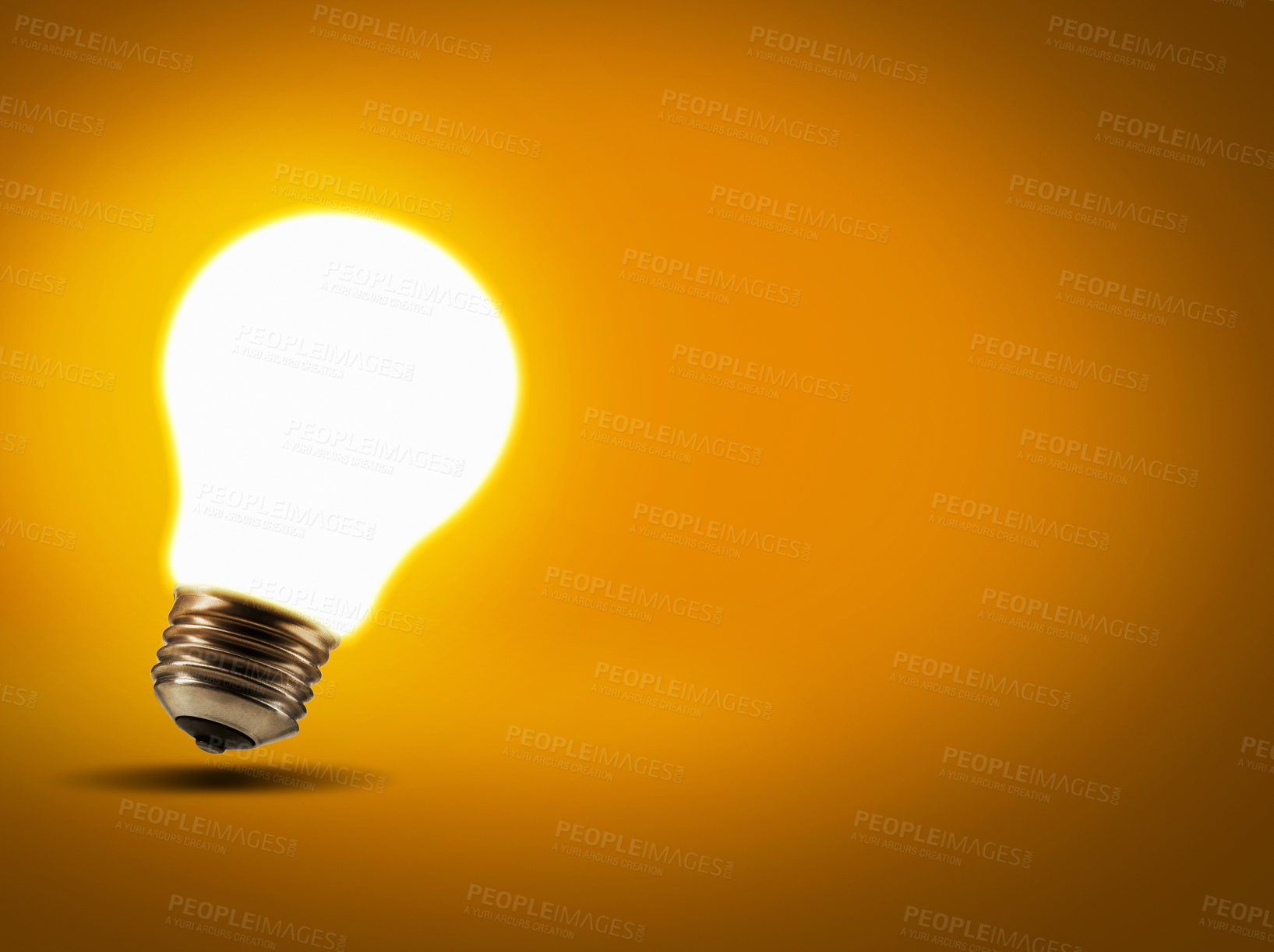 Buy stock photo Energy, inspiration and lightbulb with a glow, innovation and science against studio background. Light, knowledge or enlightenment with ideas, growth and development with solution and problem solving