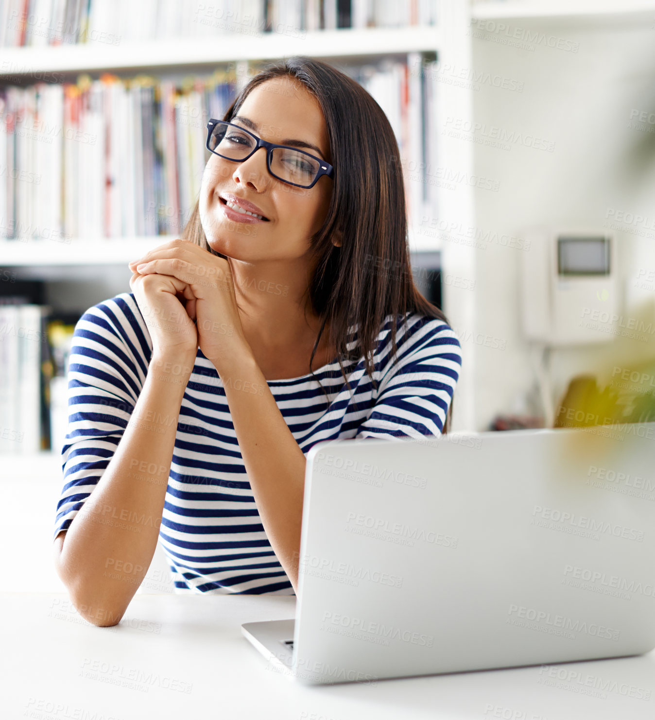 Buy stock photo Portrait, woman and smile of student on laptop in home for remote learning, study or distance education at table. Face, glasses and happy person on computer at desk with online technology in Brazil