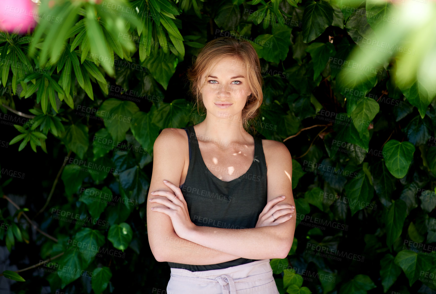 Buy stock photo Nature, leaves and woman with arms crossed, portrait and florist with apron, outdoor and garden. Proud, confident and person with small business, agriculture and entrepreneur in summer and Australia