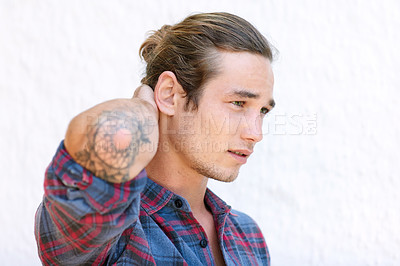 Buy stock photo Cropped shot of a handsome young hipster