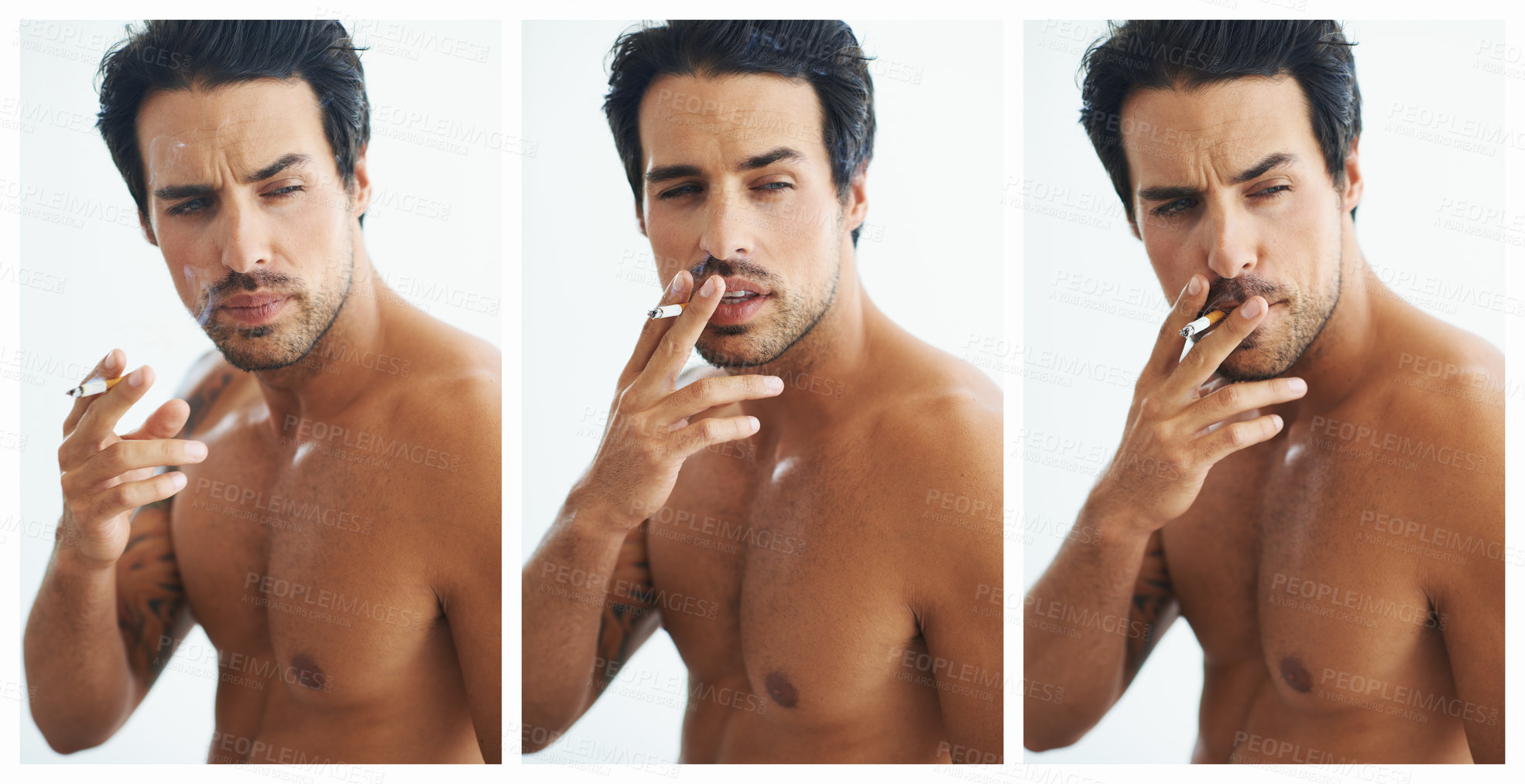 Buy stock photo Man cigarette and smoking in studio for confident, grunge and cool aesthetic on white background. Shirtless, body and tobacco for addiction, Greek male person and tattoo isolated on collage.