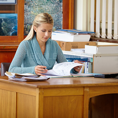 Buy stock photo Teacher woman, marking and book in classroom for test, results or administration for education at school. Person, documents and paperwork for assessment, learning and development at desk in academy