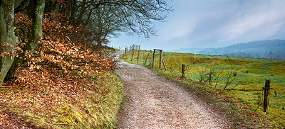 Buy stock photo A dirt road through lowland heath landscape Rebild National Park, Jutland, Denmark.