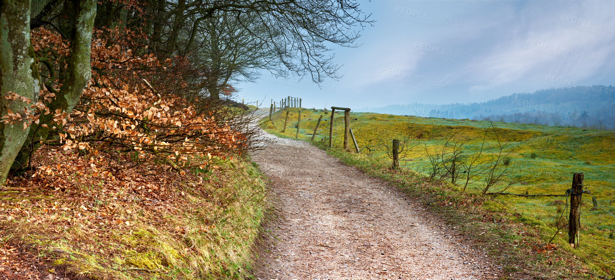 Buy stock photo A dirt road through lowland heath landscape Rebild National Park, Jutland, Denmark.