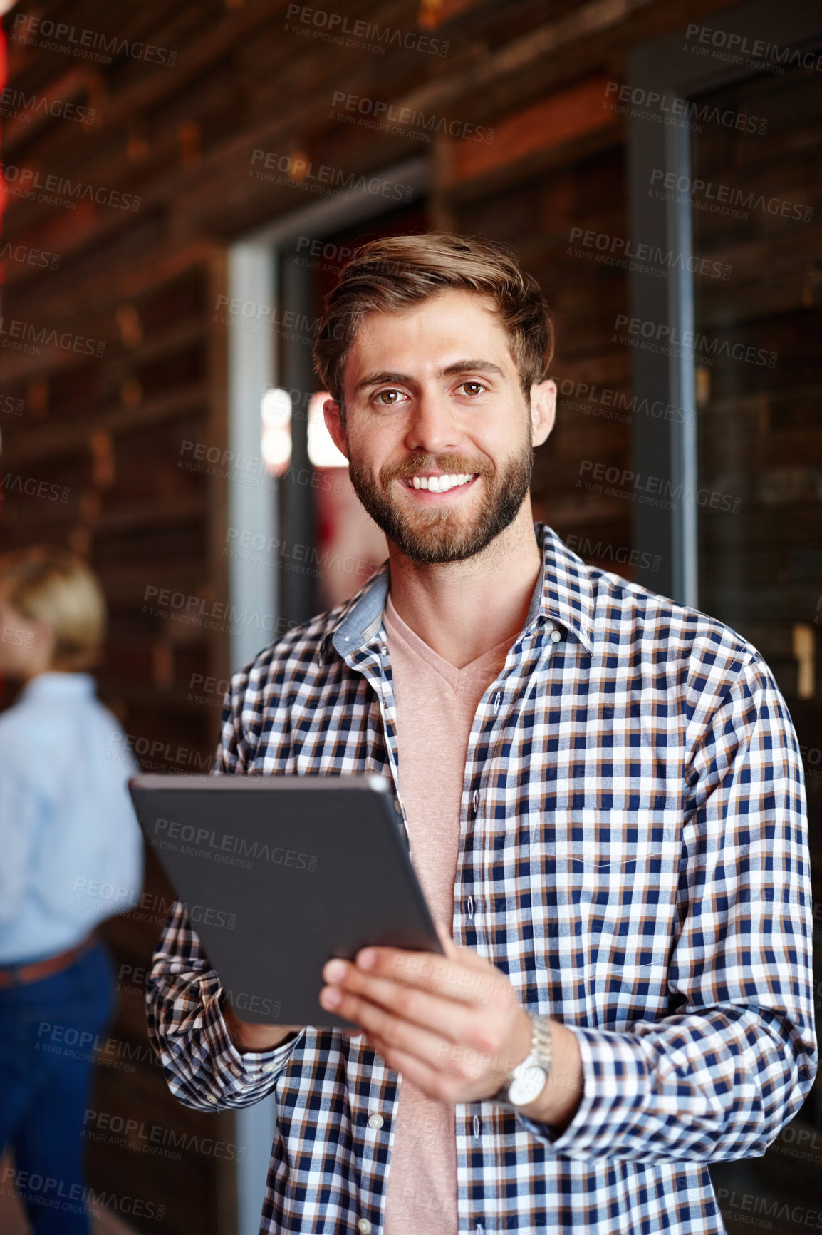 Buy stock photo Portrait, creative and business man with tablet as journalist for news research in office. Technology, smile and confident reporter in startup for online article, career opportunity or coworking
