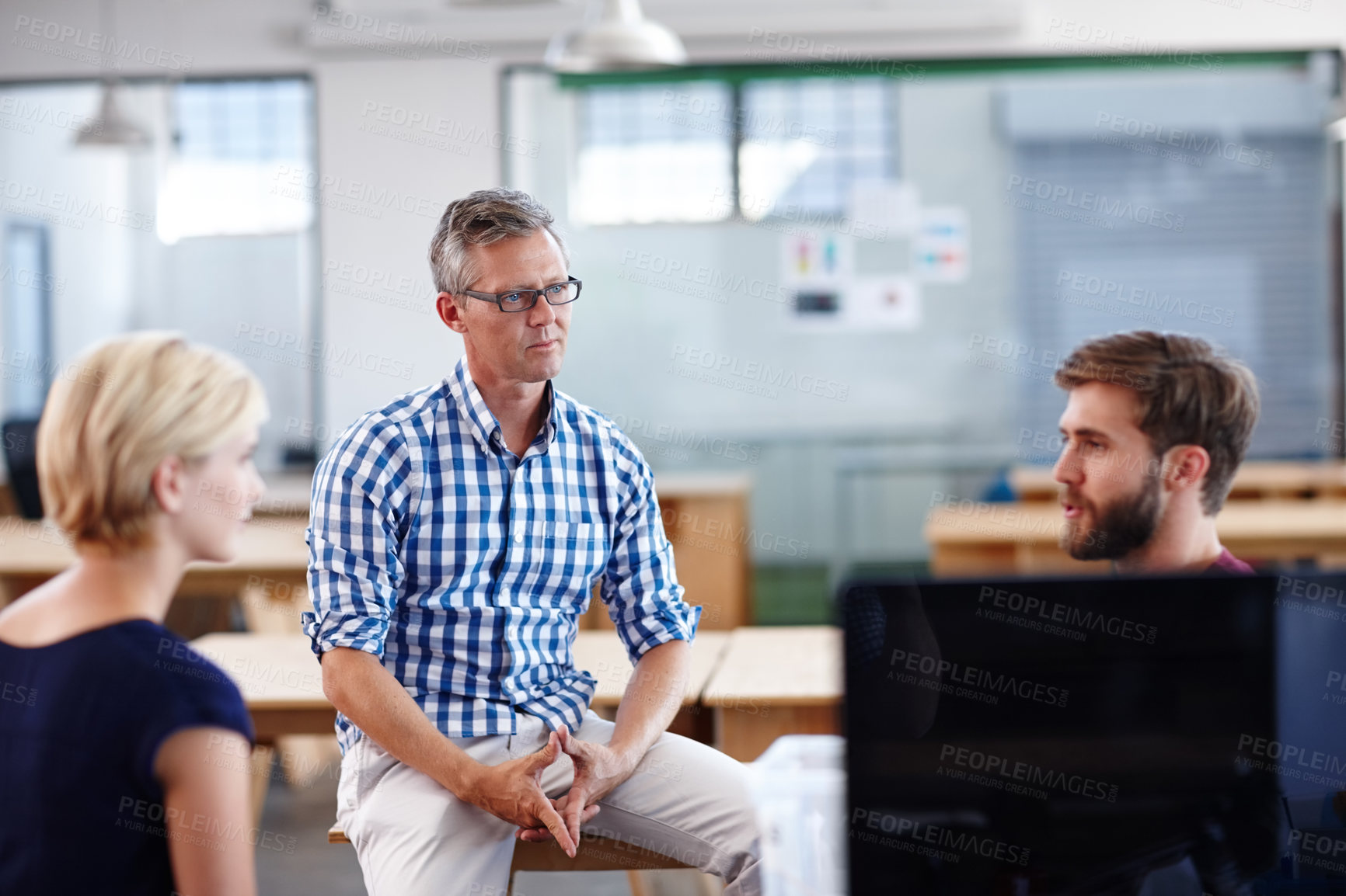 Buy stock photo Business people, teamwork and talking in office, brainstorming or creative agency with planning. Group, employees and cooperation in meeting, design proposal and feedback for schedule and ideas