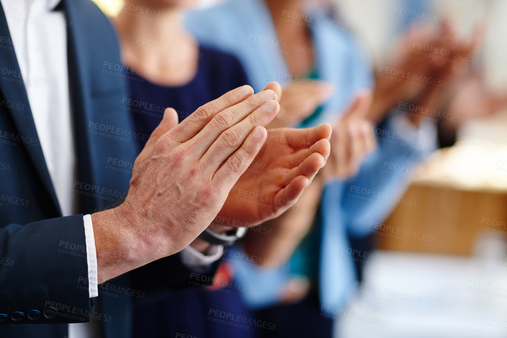 Buy stock photo Cropped shot of business professionals applauding a presentation at a conference