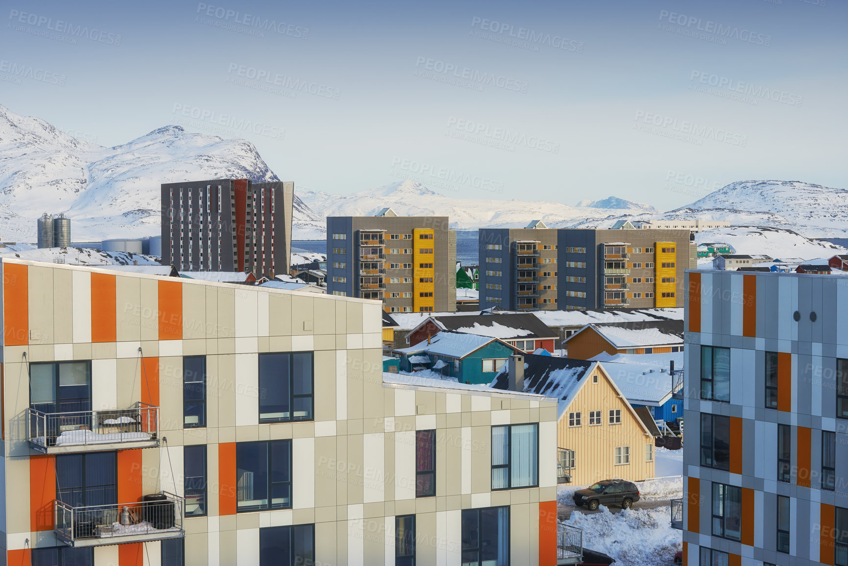 Buy stock photo Adventure, buildings or city with snow for travel or holiday, cold climate or ice in village. Environment, mountain or winter location for ski vacation in Switzerland with urban, outdoor or peace
